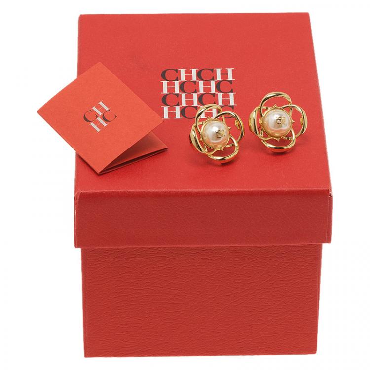 Pre Owned Carolina Herrera CH Faux Pearl Gold Tone Stud Earrings