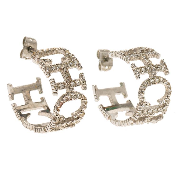 Pre Owned CH Carolina Herrera Crystal Studded Logo Silver Tone Earrings