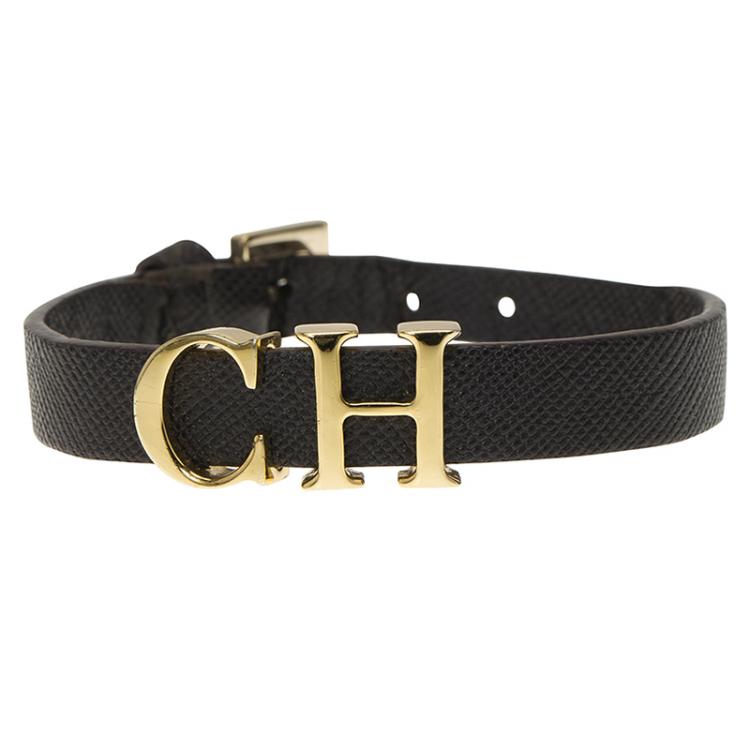 Pre Owned CH Carolina Herrera Logo Brown Leather Bracelet