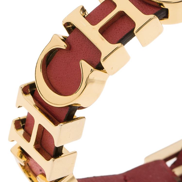 Pre Owned Carolina Herrera CH Logo Red Leather Gold Tone Bracelet