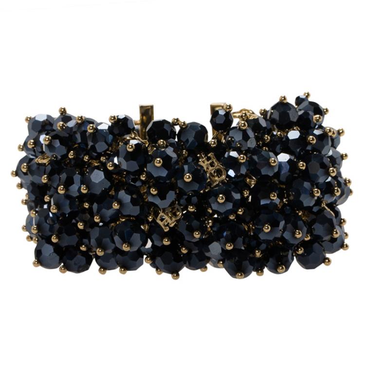 Pre Owned CH Carolina Herrera Hematite Faceted Beads Gold Tone Wide Bracelet 19cm