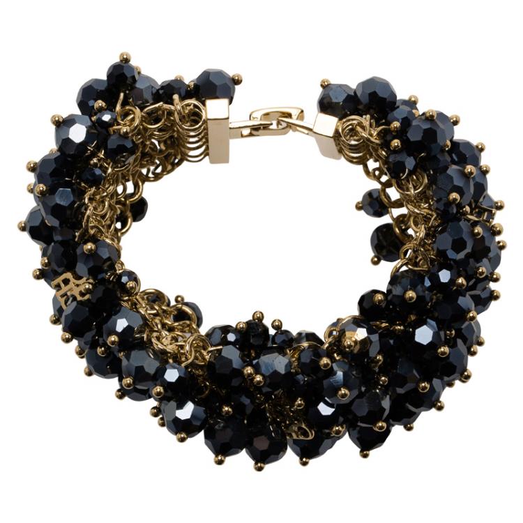 Pre Owned CH Carolina Herrera Hematite Faceted Beads Gold Tone Wide Bracelet 19cm