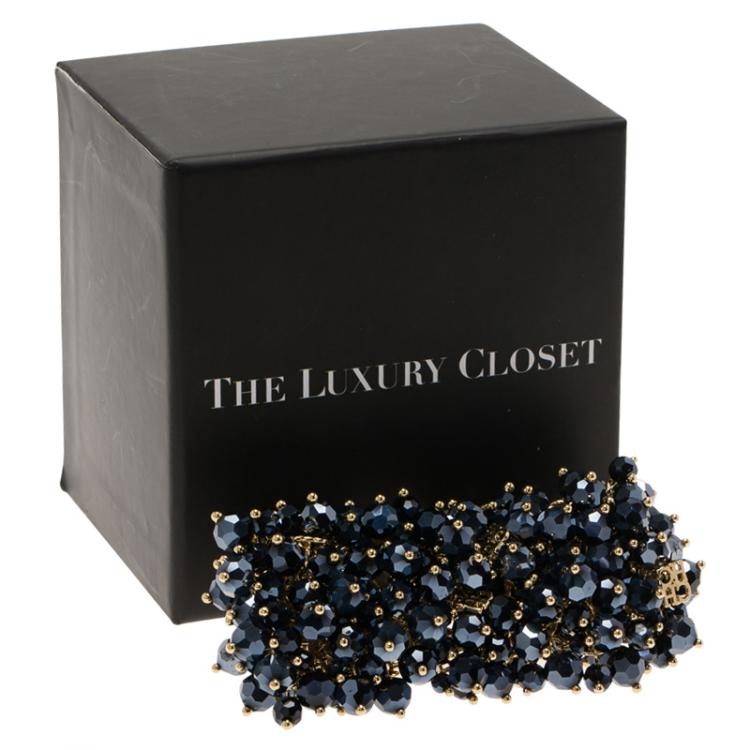 Pre Owned CH Carolina Herrera Hematite Faceted Beads Gold Tone Wide Bracelet 19cm