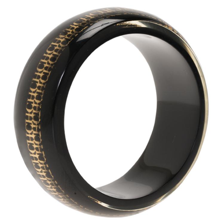 Pre Owned CH Carolina Herrera Black Resin Gold Tone Metal Wide Bangle 20cm