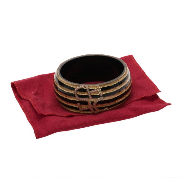 Pre Owned CH Carolina Herrera Faux Pearl Black and Gold Tone Resin Wide Bangle 20cm