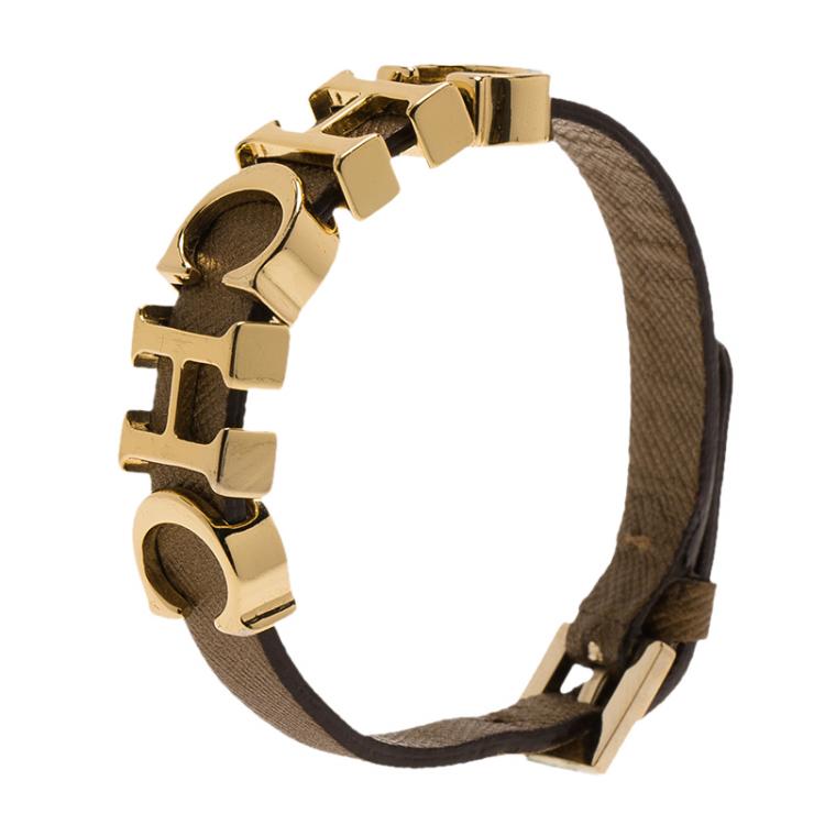 Pre Owned CH Carolina Herrera Logo Brown Leather Gold Tone Bracelet