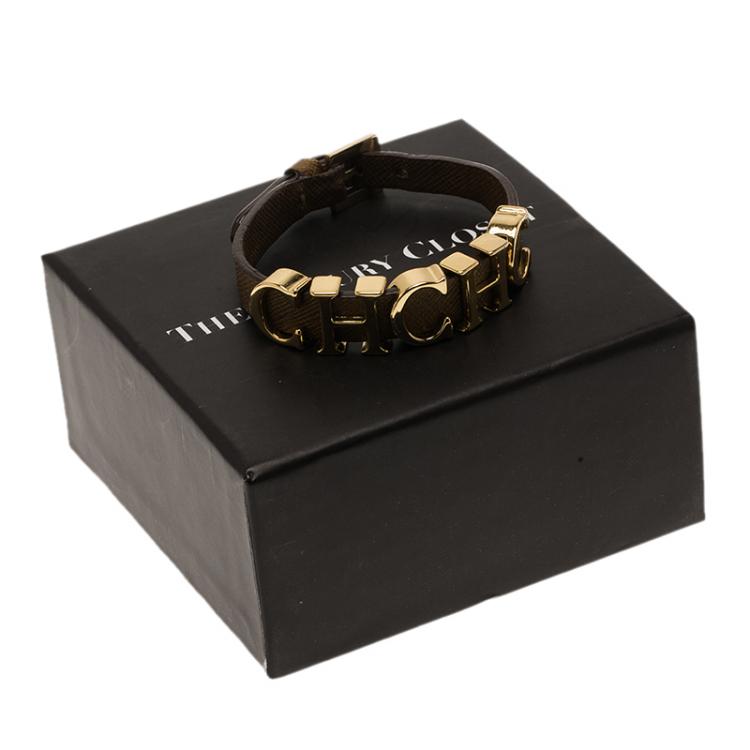 Pre Owned CH Carolina Herrera Logo Brown Leather Gold Tone Bracelet