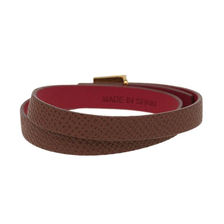 Pre Owned CH Carolina Herrera Brown Red Double Wrap Leather Gold Tone Bracelet