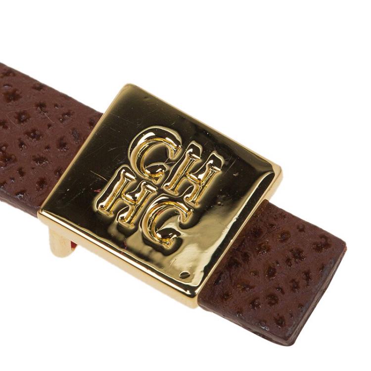 Pre Owned CH Carolina Herrera Brown Red Double Wrap Leather Gold Tone Bracelet