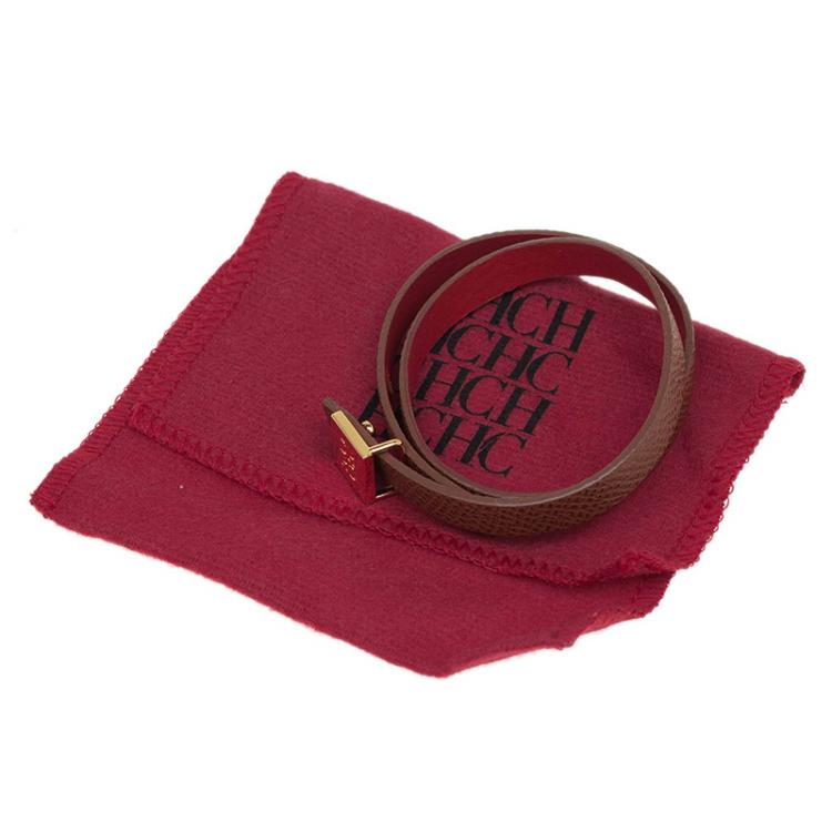Pre Owned CH Carolina Herrera Brown Red Double Wrap Leather Gold Tone Bracelet