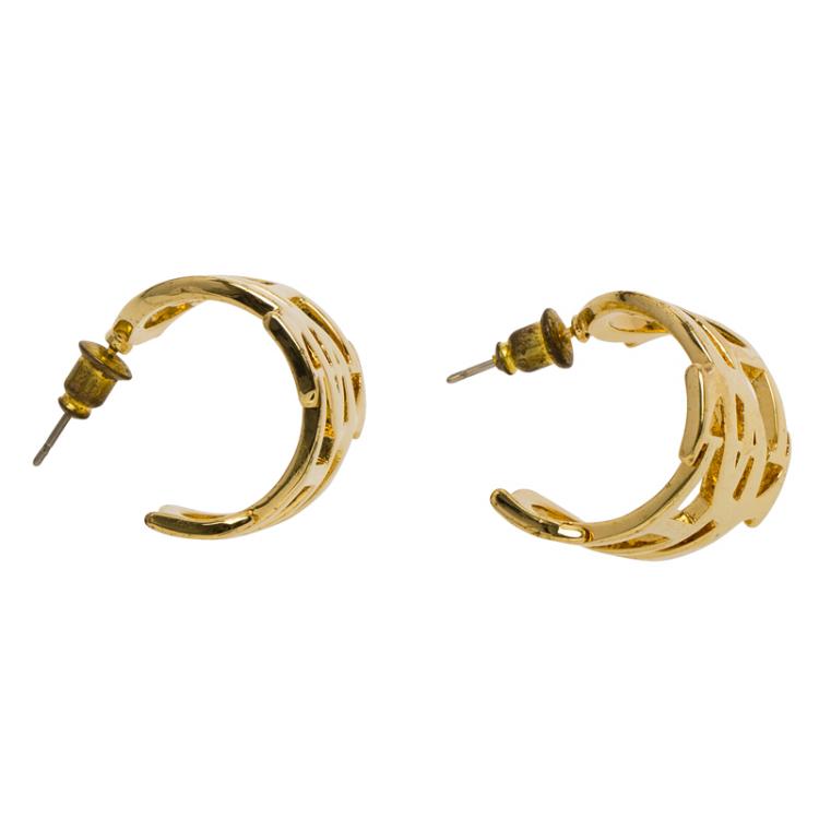 Pre Owned CH Carolina Herrera Logo Gold Tone Huggie Earrings