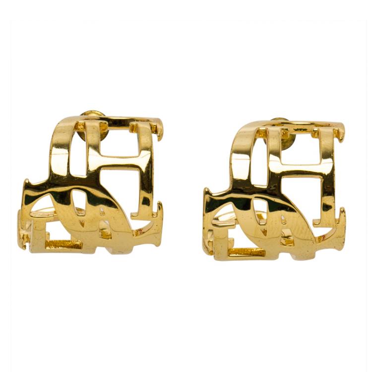 Pre Owned CH Carolina Herrera Logo Gold Tone Huggie Earrings