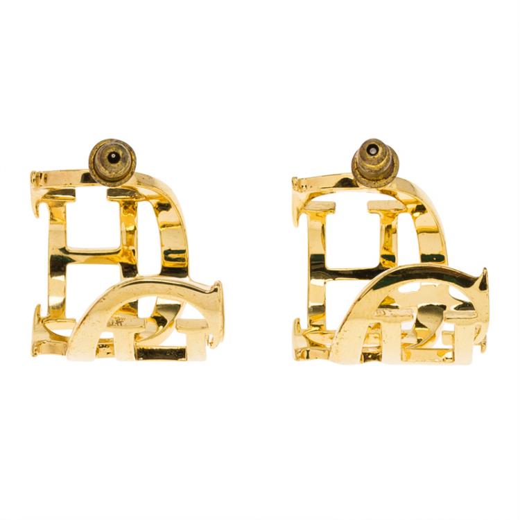 Pre Owned CH Carolina Herrera Logo Gold Tone Huggie Earrings