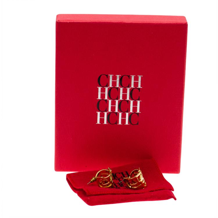 Pre Owned CH Carolina Herrera Logo Gold Tone Huggie Earrings