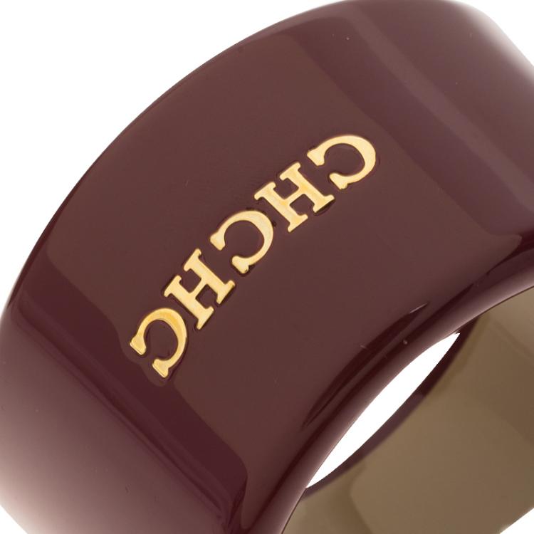 Pre Owned CH Carolina Herrera Burgundy Gold Tone Extra Wide Bangle 22cm