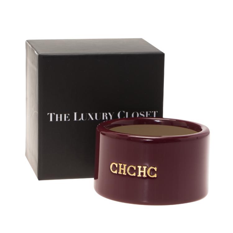 Pre Owned CH Carolina Herrera Burgundy Gold Tone Extra Wide Bangle 22cm