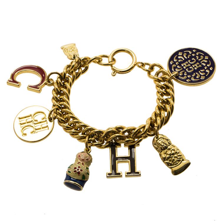 Pre Owned Carolina Herrera Enameled Logo Russian Doll Gold Tone Charm Bracelet 20cm