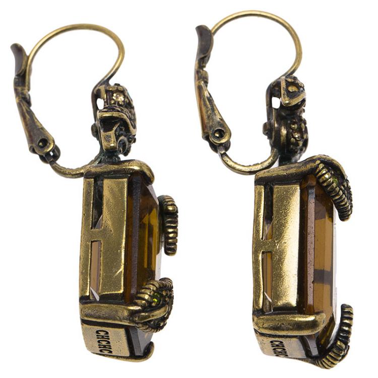 Pre Owned CH Carolina Herrera Orange Crystal & Gold Tone Bird Dangle Earrings 