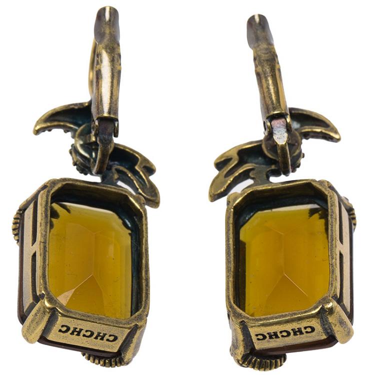 Pre Owned CH Carolina Herrera Orange Crystal & Gold Tone Bird Dangle Earrings 