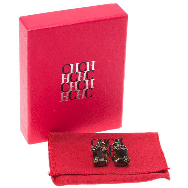 Pre Owned CH Carolina Herrera Orange Crystal & Gold Tone Bird Dangle Earrings 