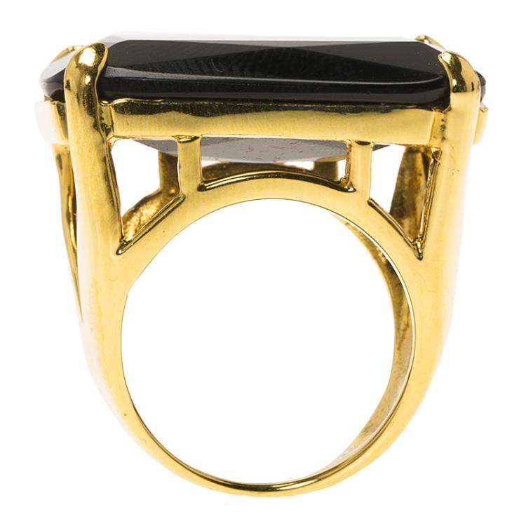 Pre Owned CH Carolina Herrera Opaque Black Faceted Stone Gold Tone Ring Size 55