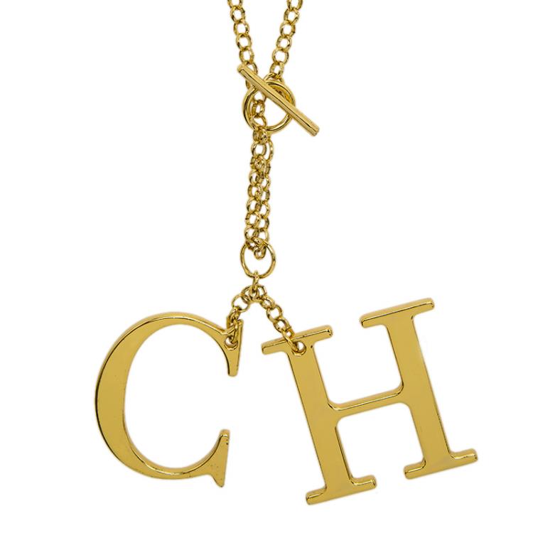 Pre Owned CH Carolina Herrera Logo Charm Pendant Gold Tone Long Necklace