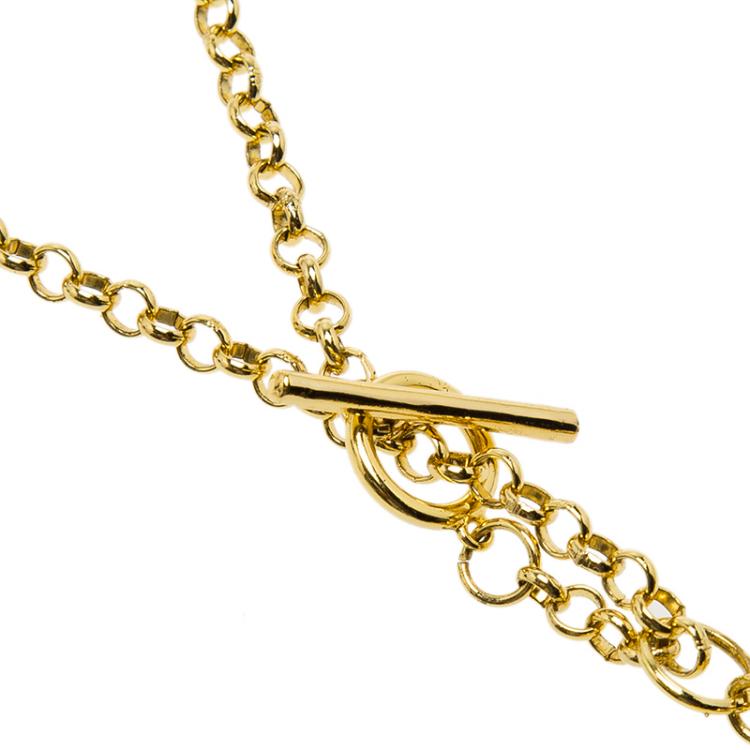 Pre Owned CH Carolina Herrera Logo Charm Pendant Gold Tone Long Necklace