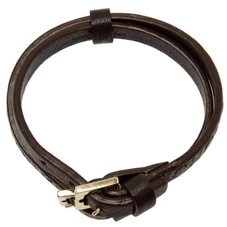 Pre Owned CH Carolina Herrera Logo Brown Double Tour Leather Bracelet