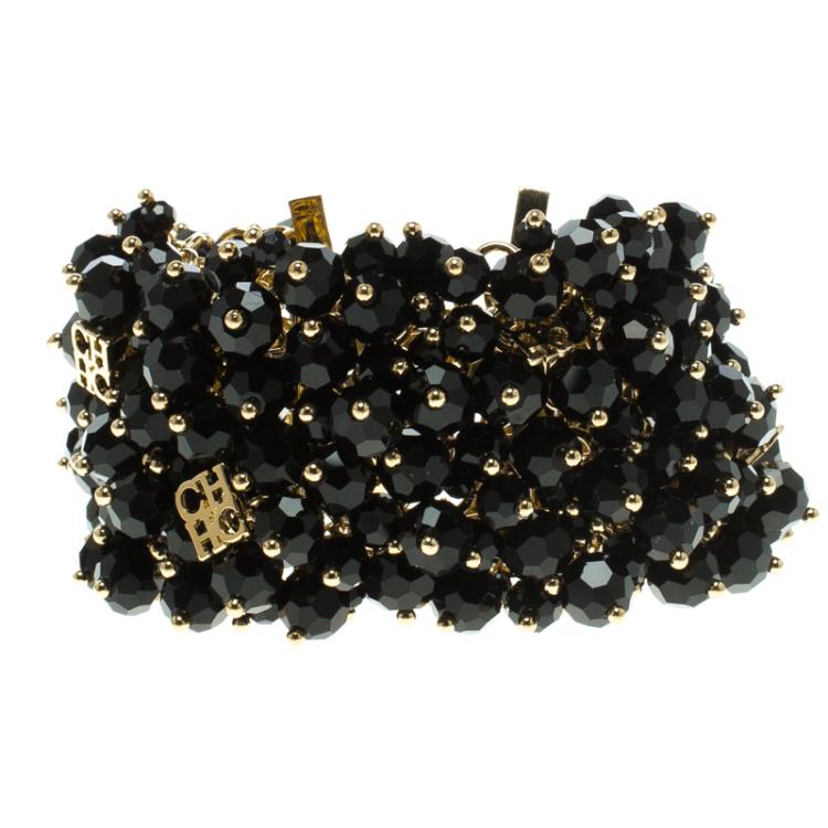 Pre Owned CH Carolina Herrera Black Beads Gold Tone Wide Bracelet 15cm