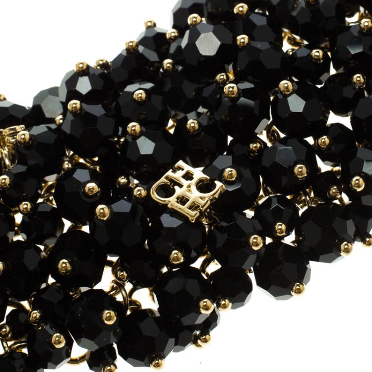 Pre Owned CH Carolina Herrera Black Beads Gold Tone Wide Bracelet 15cm