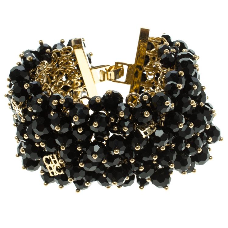 Pre Owned CH Carolina Herrera Black Beads Gold Tone Wide Bracelet 15cm