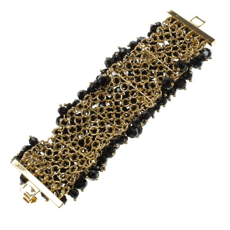 Pre Owned CH Carolina Herrera Black Beads Gold Tone Wide Bracelet 15cm