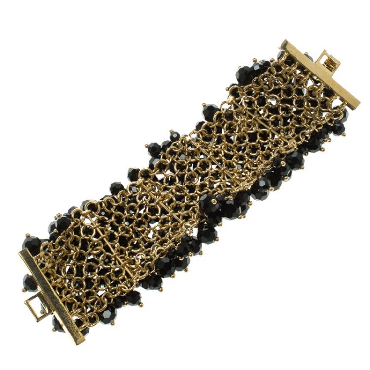 Pre Owned CH Carolina Herrera Black Beads Gold Tone Bracelet 18cm