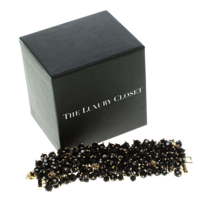 Pre Owned CH Carolina Herrera Black Beads Gold Tone Bracelet 18cm