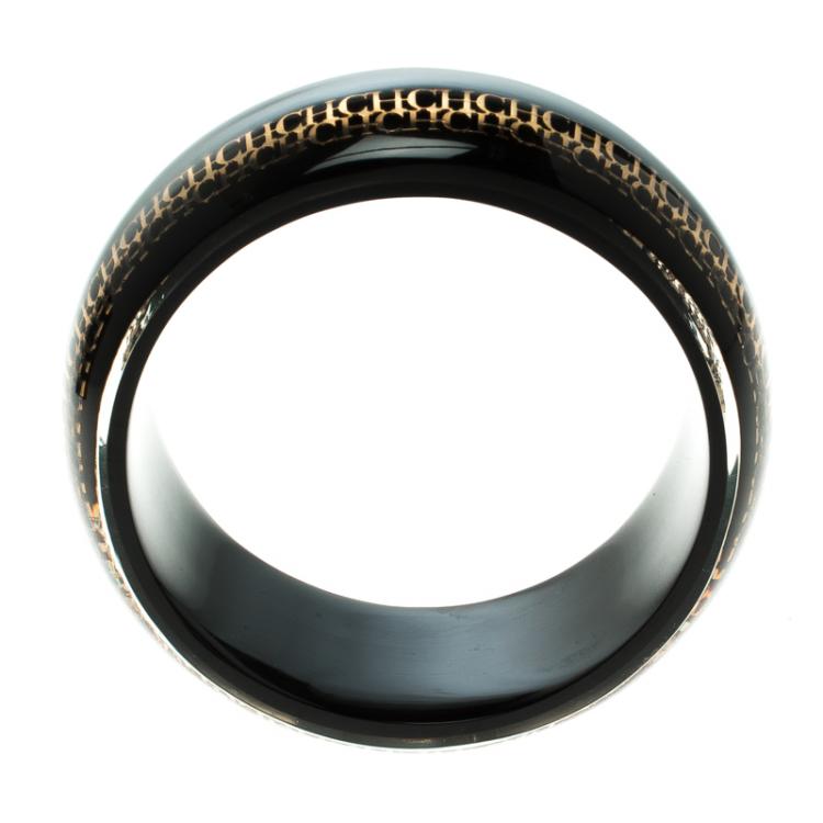 Pre Owned CH Carolina Herrera Black Resin Gold Tone Metal Wide Bangle Bracelet 22cm
