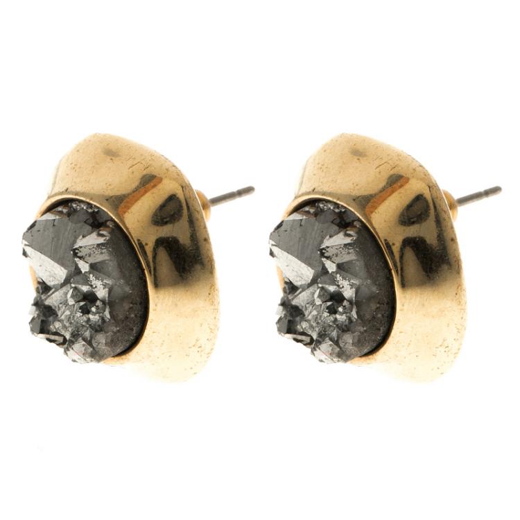 Pre Owned Carolina Herrera Hematite Druzy Gold Tone Stud Earrings