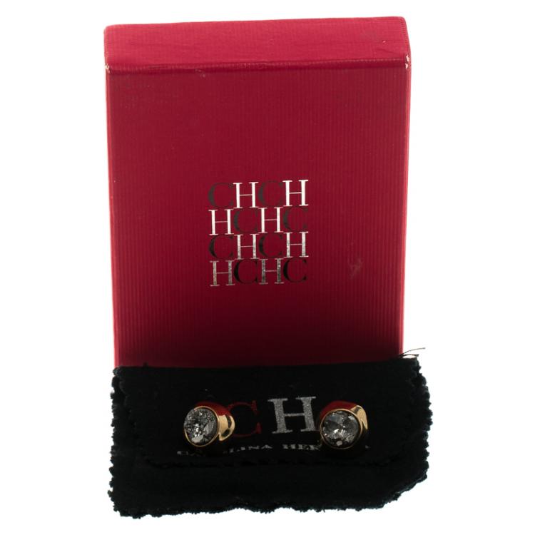 Pre Owned Carolina Herrera Hematite Druzy Gold Tone Stud Earrings