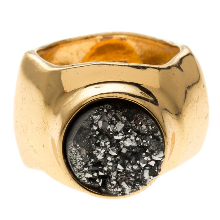 Pre Owned Carolina Herrera Hematite Druzy Gold Tone Ring Size 56