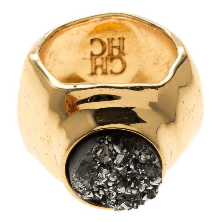 Pre Owned Carolina Herrera Hematite Druzy Gold Tone Ring Size 56