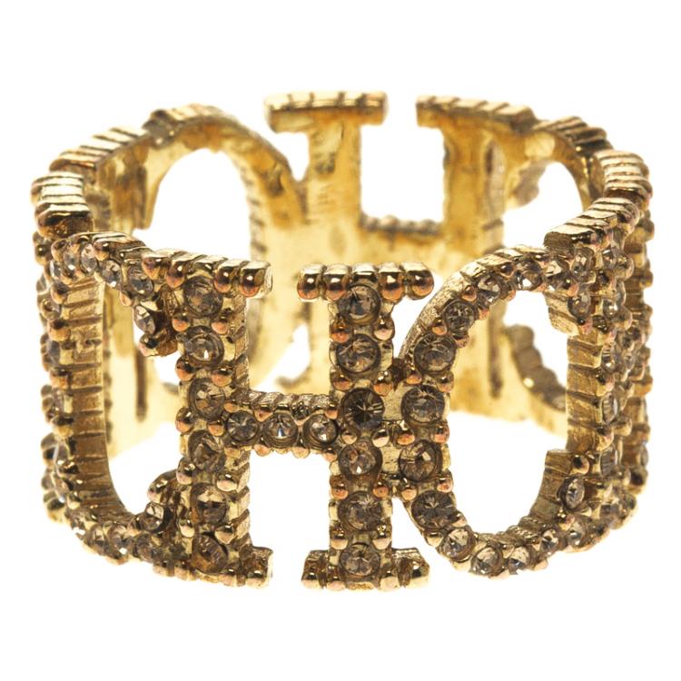 Pre Owned Carolina Herrera Crystal Studded Logo Gold Tone Ring Size 56