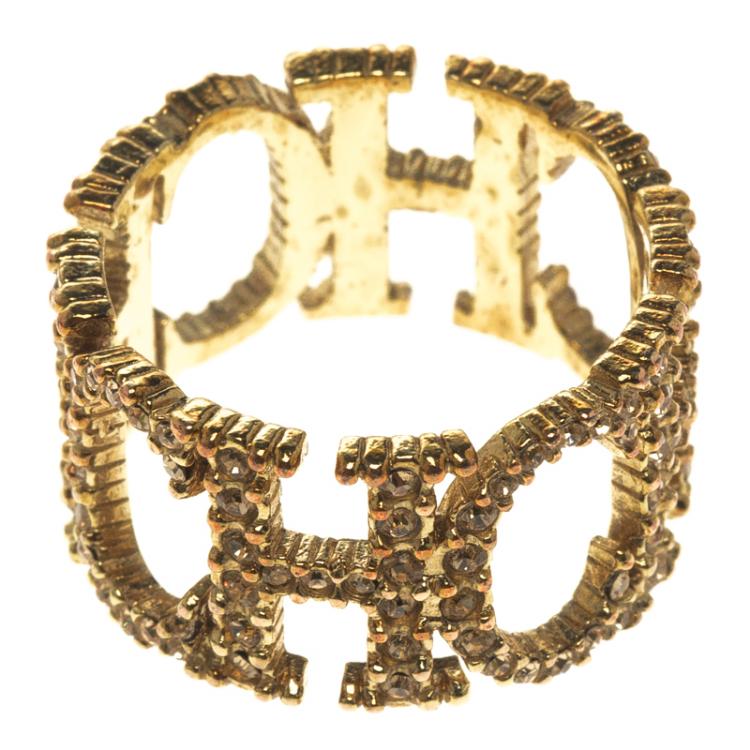 Pre Owned Carolina Herrera Crystal Studded Logo Gold Tone Ring Size 56