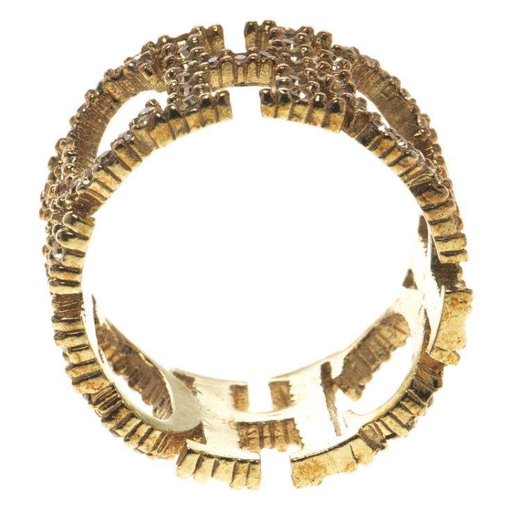 Pre Owned Carolina Herrera Crystal Studded Logo Gold Tone Ring Size 56