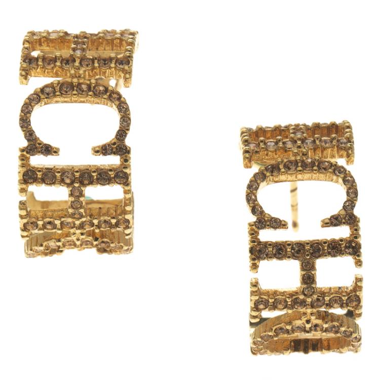 Pre Owned Carolina Herrera Crystal Studded Logo Gold Tone Hoop Earrings