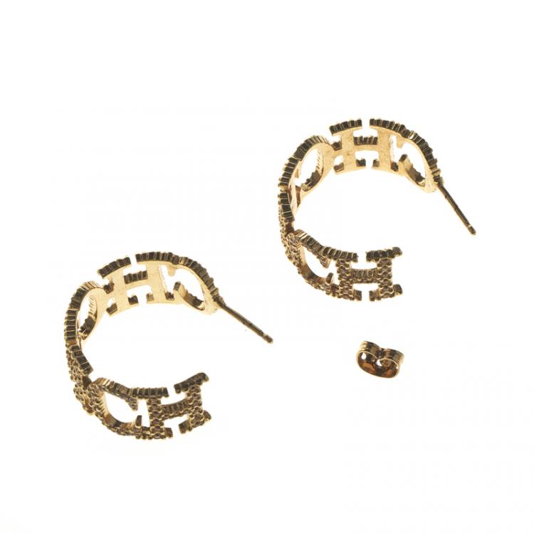 Pre Owned Carolina Herrera Crystal Studded Logo Gold Tone Hoop Earrings