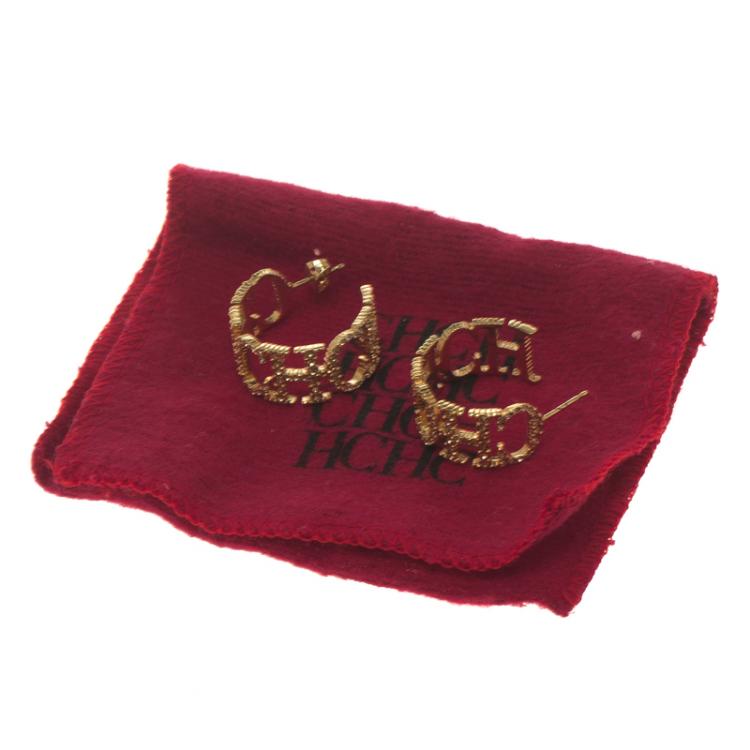 Pre Owned Carolina Herrera Crystal Studded Logo Gold Tone Hoop Earrings