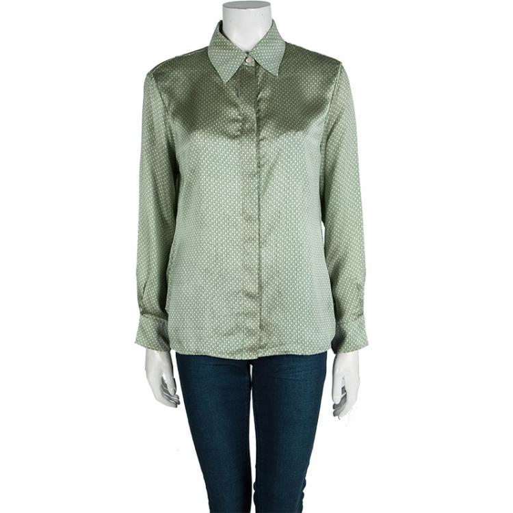 Pre Owned CH Carolina Herrera Green Logo Printed Silk Long Sleeve Button Front Shirt XL