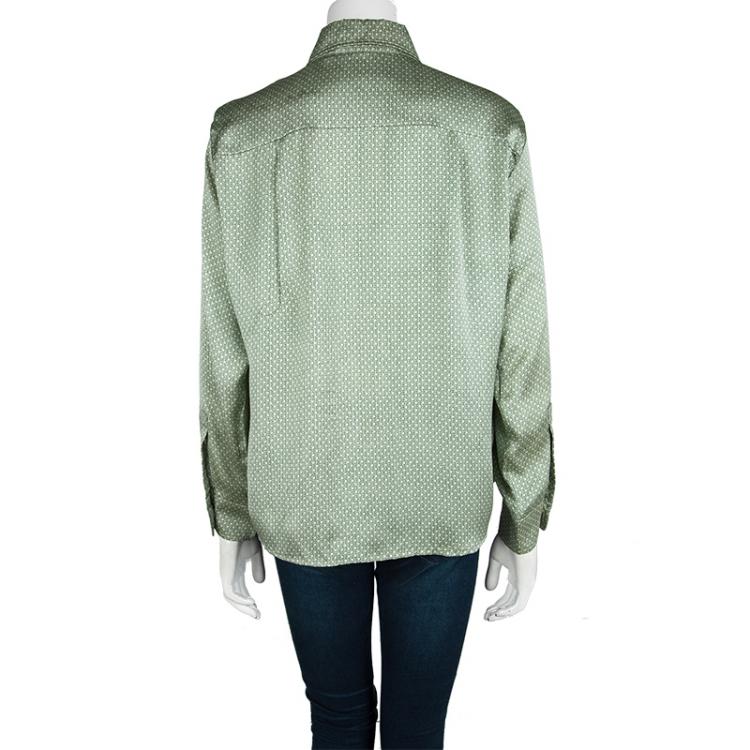 Pre Owned CH Carolina Herrera Green Logo Printed Silk Long Sleeve Button Front Shirt XL