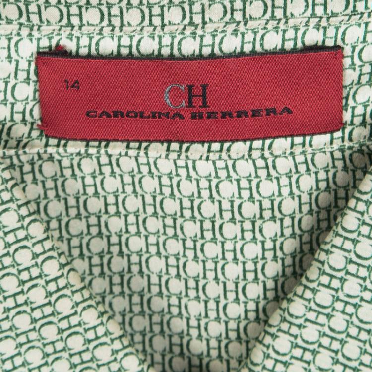 Pre Owned CH Carolina Herrera Green Logo Printed Silk Long Sleeve Button Front Shirt XL