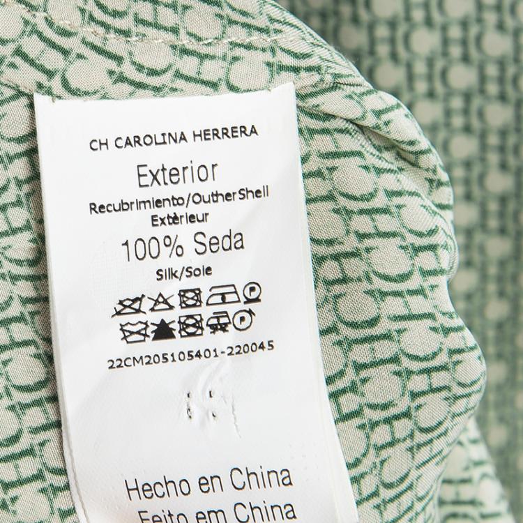 Pre Owned CH Carolina Herrera Green Logo Printed Silk Long Sleeve Button Front Shirt XL