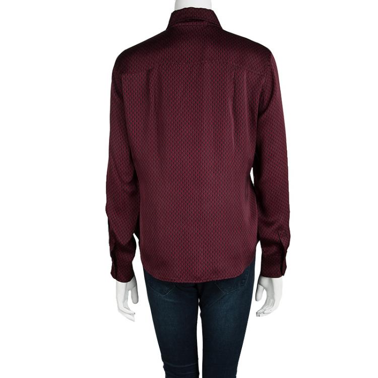 Pre Owned CH Carolina Herrera Red Logo Printed Silk Button Front Shirt L